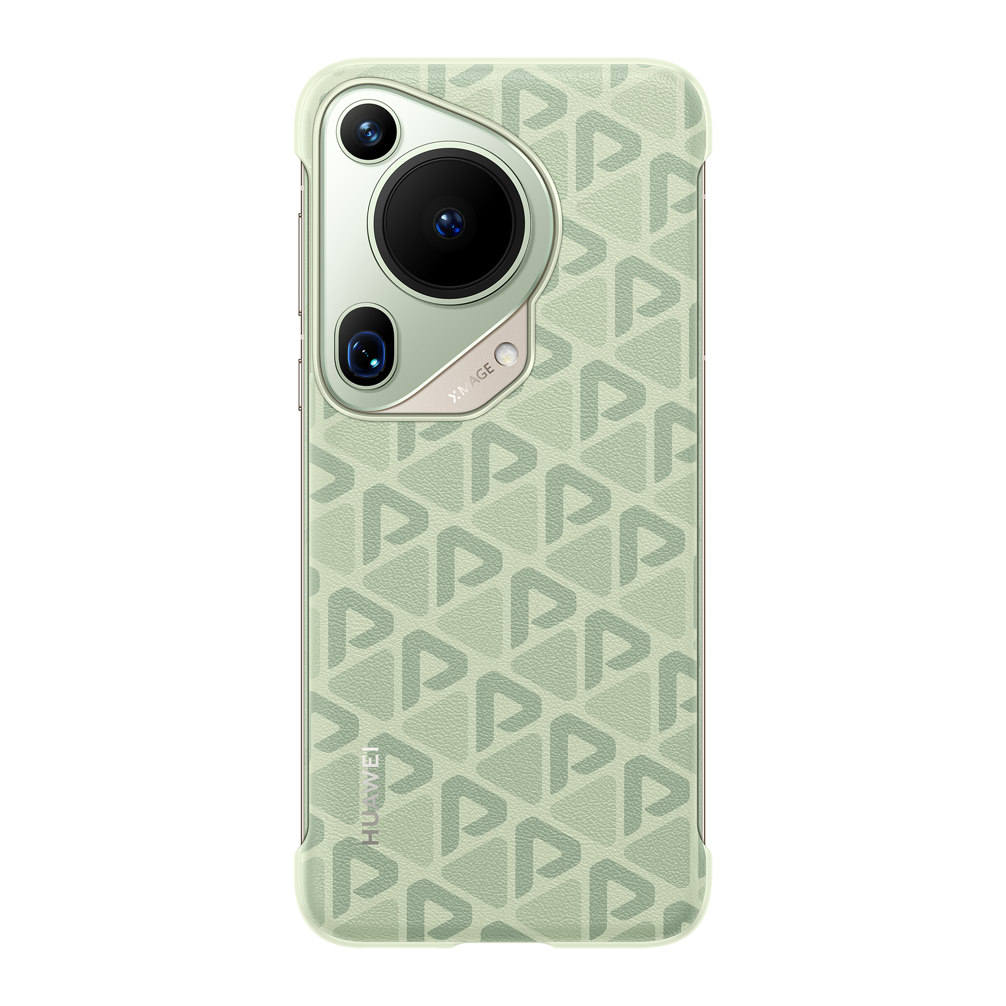 Geometrik desenli ve üç kamera lensli açık yeşil bir telefon kılıfı.