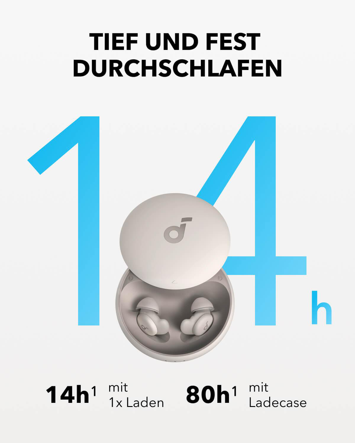 Eine Werbung mit Ohrhörern und Ladecase sowie Text zum Thema Schlaf.