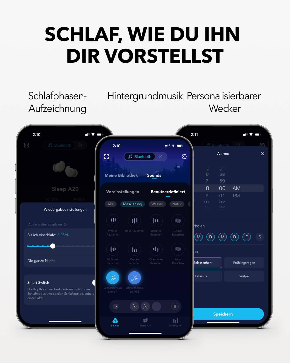 Drei Smartphones mit Schlaf-App-Oberflächen.