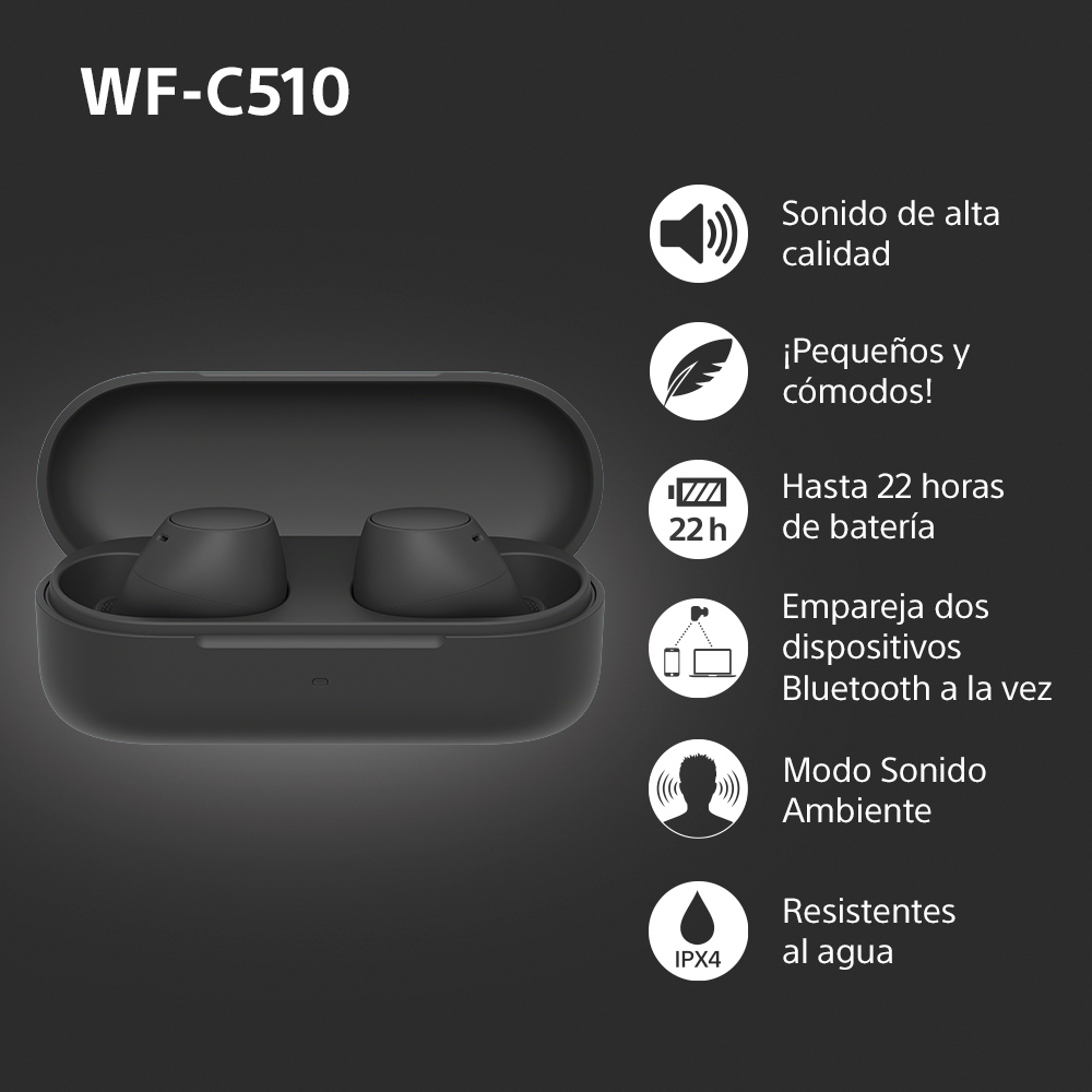 Auriculares negros en un estuche de carga con iconos que indican características: sonido, comodidad, batería y resistencia al agua.