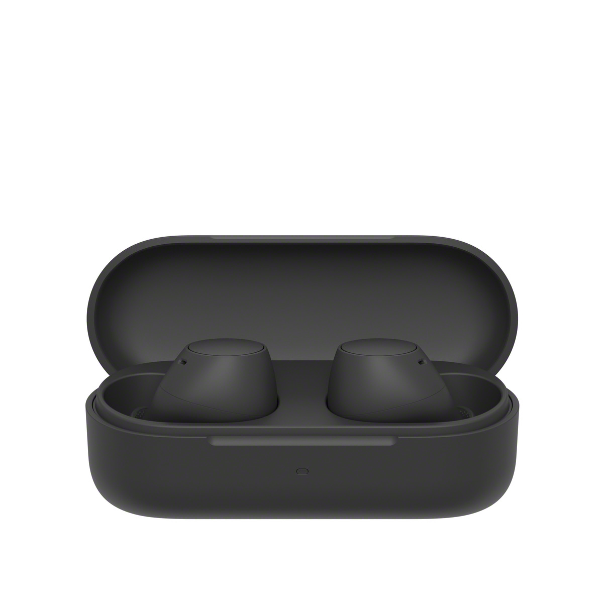 Par de auriculares negros en un estuche de carga negro, abierto sobre fondo blanco.