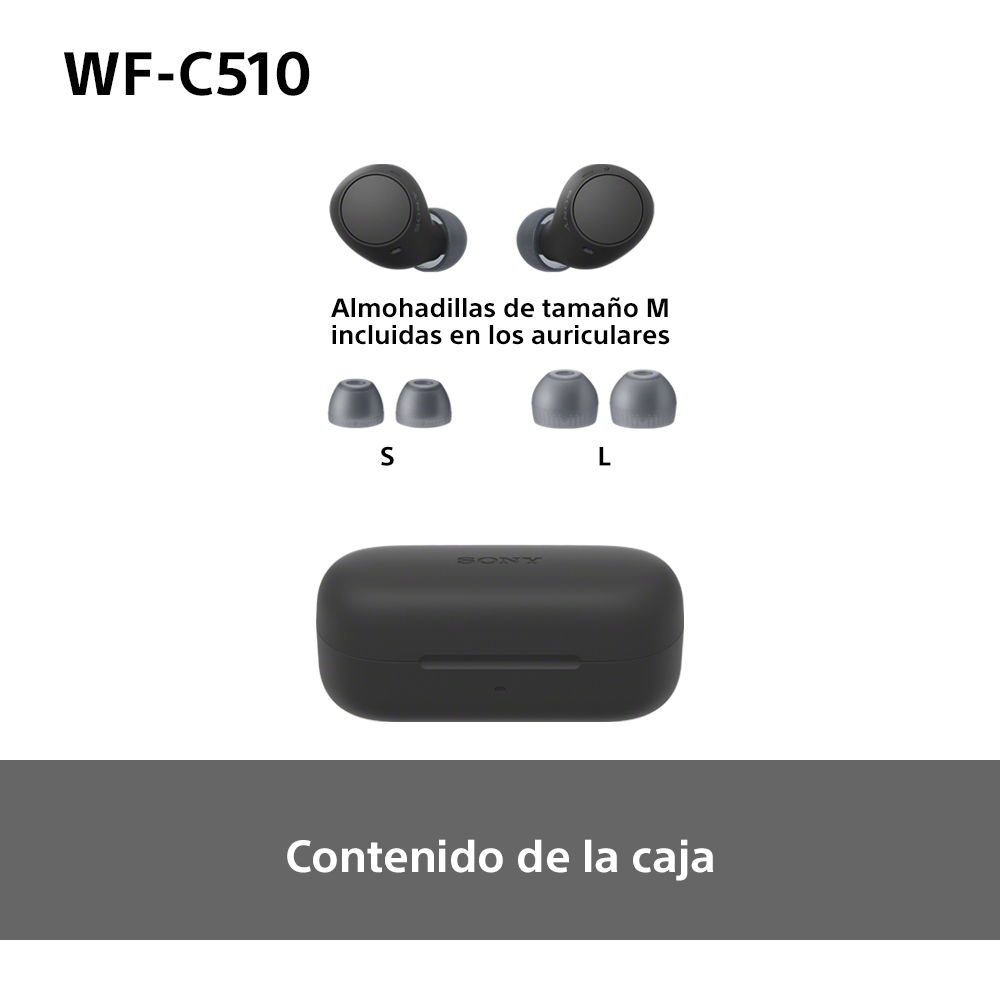 Auriculares y puntas para los oídos negras en un estuche. El texto dice 'Contenido de la caja'.