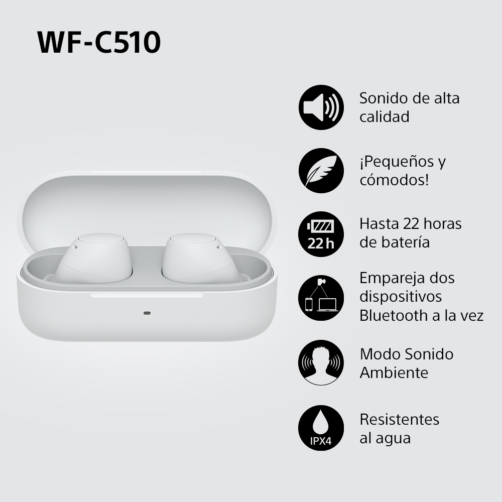 Auriculares blancos en estuche de carga con iconos: sonido, pluma, batería, Bluetooth, ambiente.