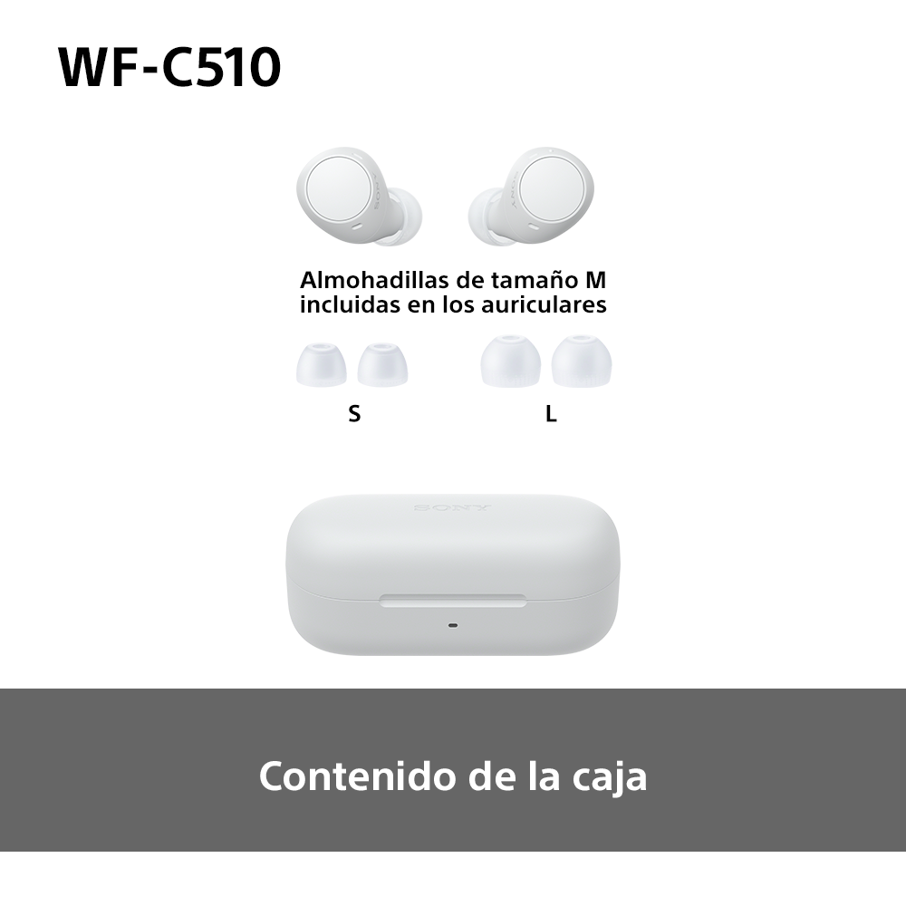 Auriculares Sony blancos, estuche de carga y puntas para los oídos adicionales sobre fondo blanco.
