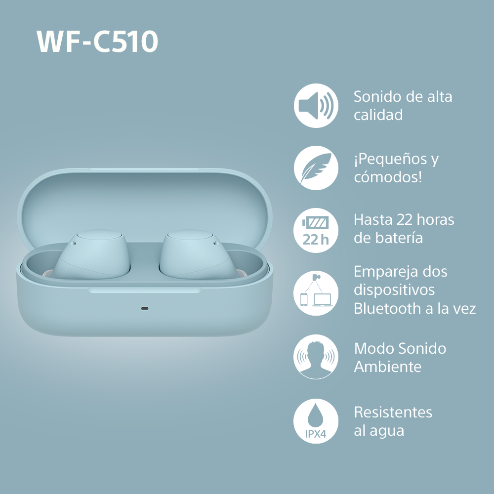 Un par de auriculares azul claro y estuche de carga con texto en español.