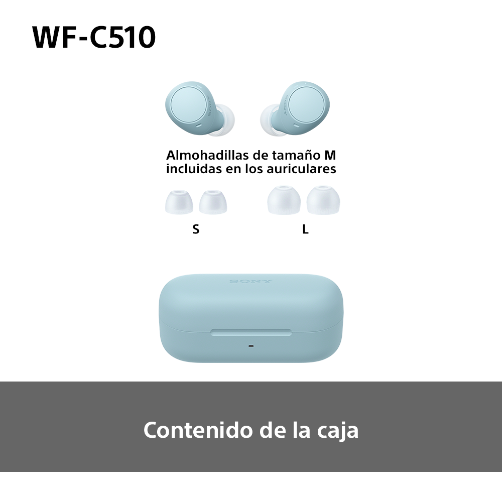 Auriculares y estuche en azul claro, con puntas de repuesto incluidas. Texto en español: Contenido de la caja.