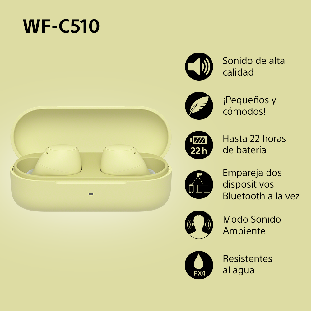 Auriculares amarillos en estuche con iconos y texto describiendo funciones sobre fondo verde.