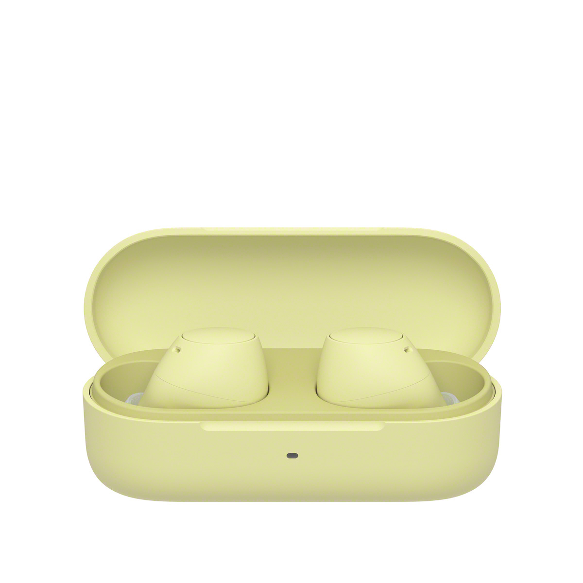 Estuche de carga amarillo abierto con dos auriculares amarillo claro dentro. Fondo blanco.