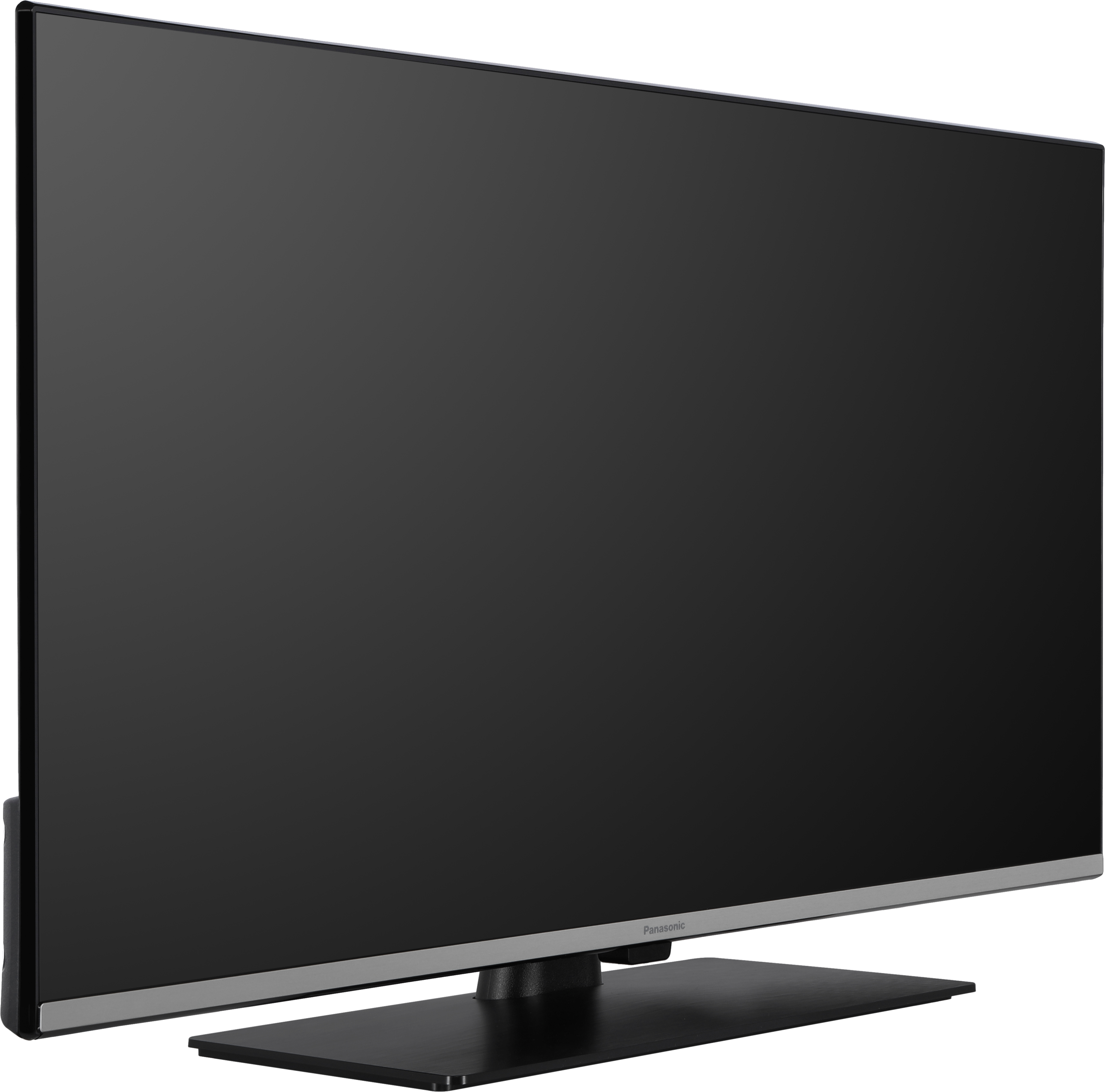 Téléviseur Panasonic noir, vue en angle. L'écran est noir. Cadre argenté en bas.