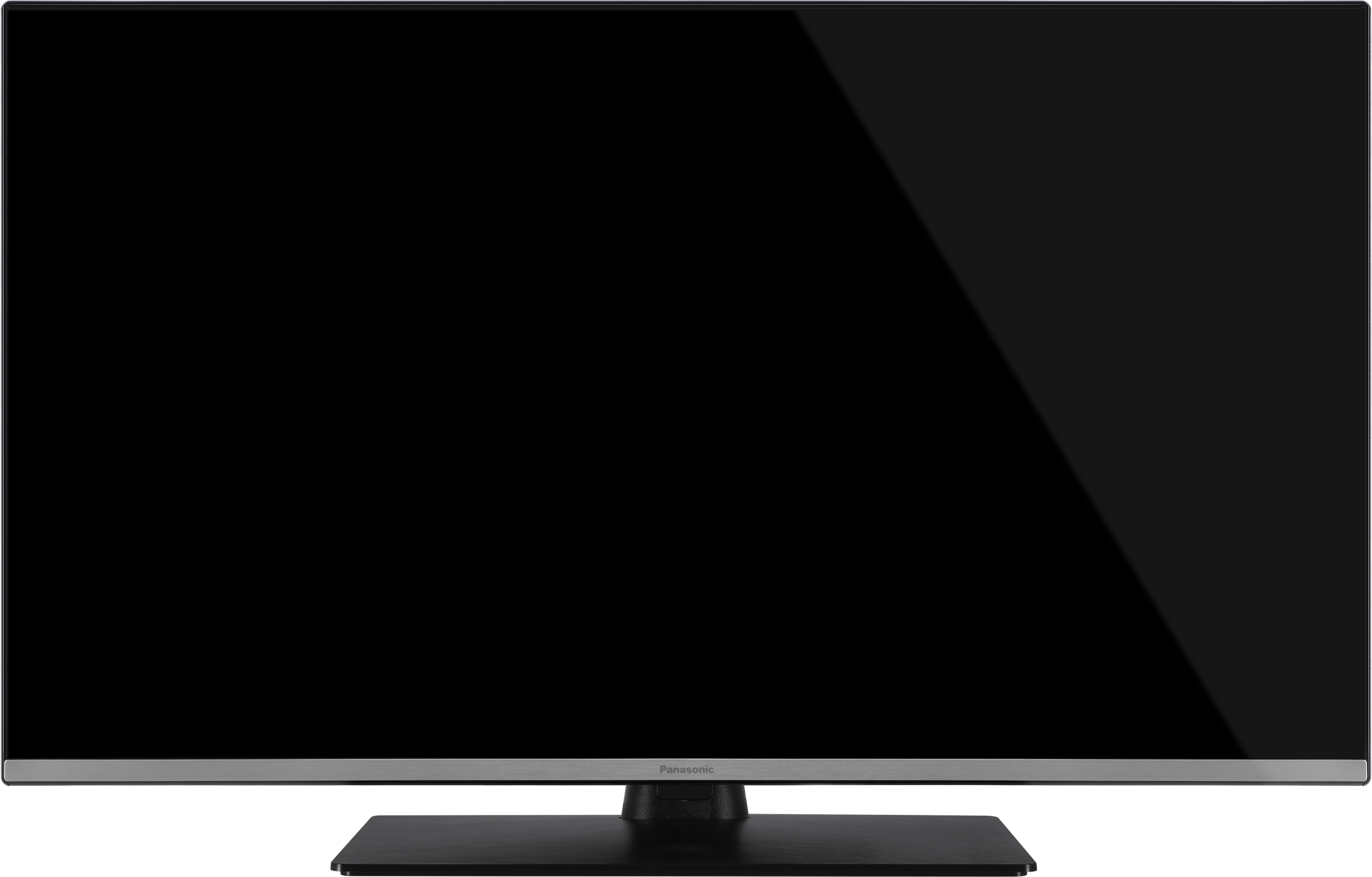 Écran de télévision, noir et éteint, avec un cadre fin argenté et un pied noir.