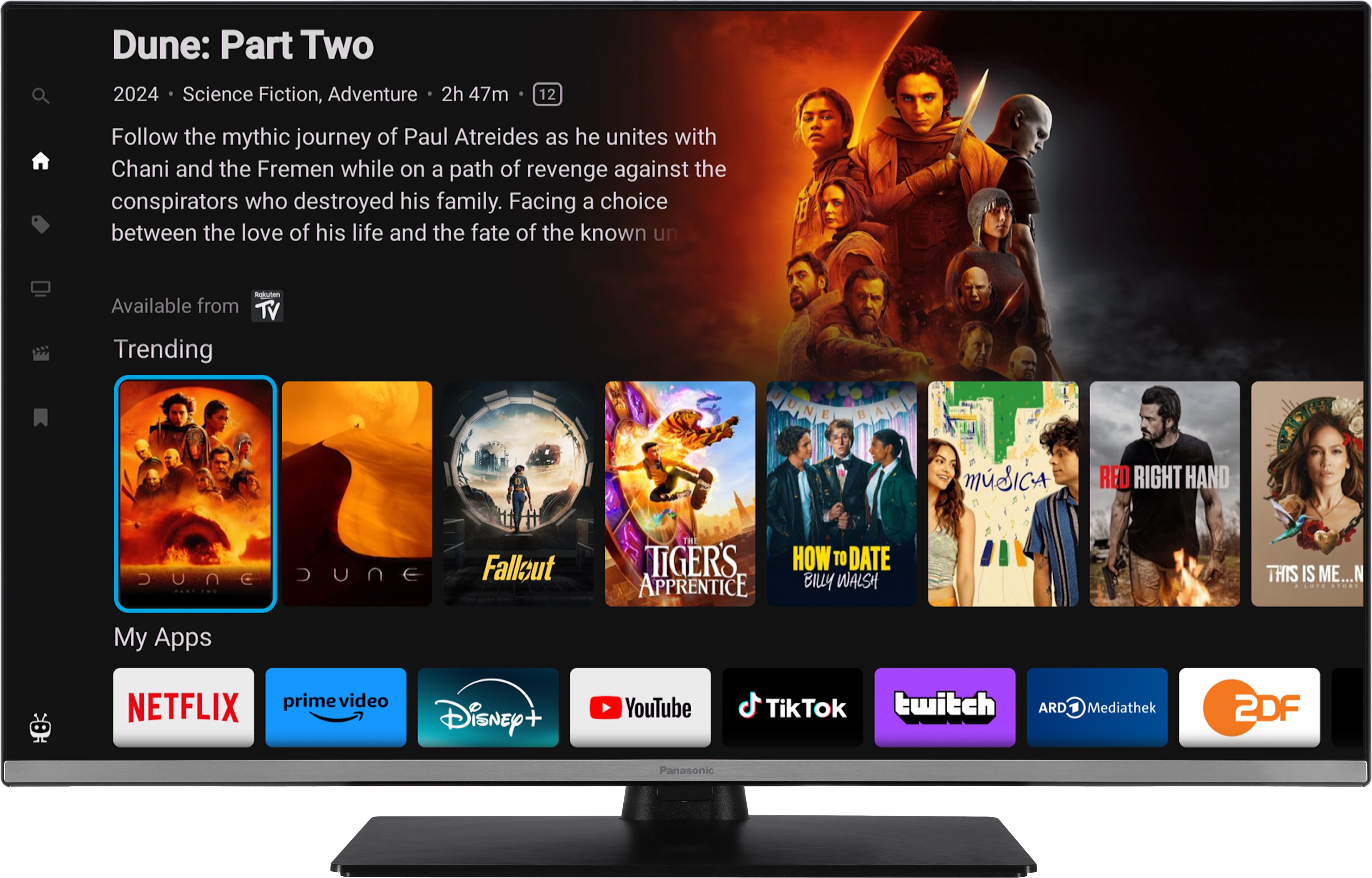 Un écran de télévision affichant des informations sur les films et plusieurs vignettes de films tendances.