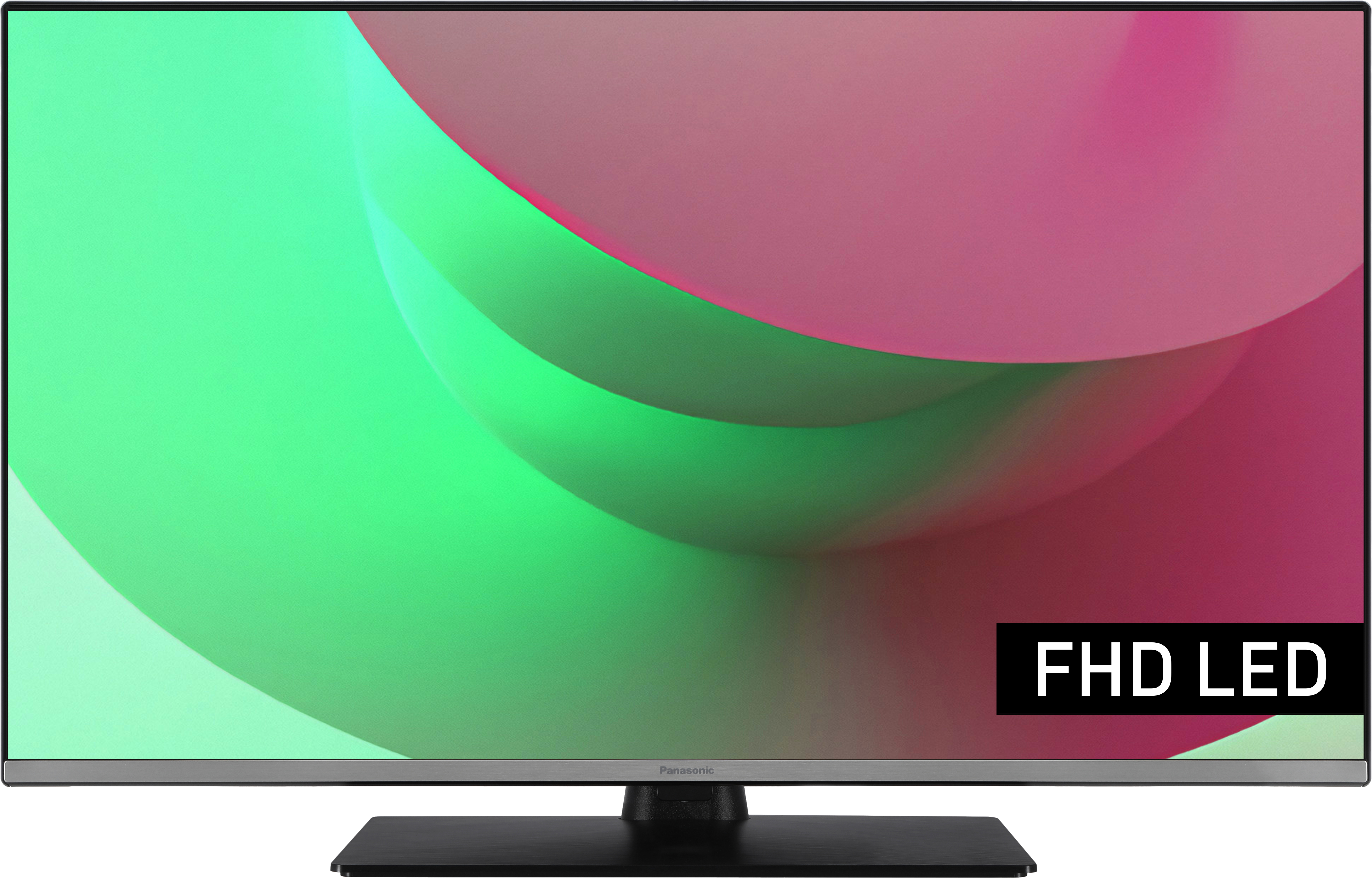 Téléviseur à écran plat affichant un motif de tourbillon abstrait et coloré avec le texte 'FHD LED'.
