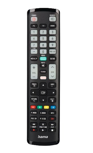 Czarny pilot z wieloma przyciskami.