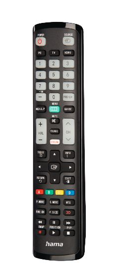 Czarny pilot do telewizora Hama z wieloma przyciskami, w tym zasilaniem, głośnością i kanałem.