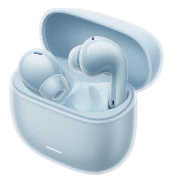Jasnoniebieskie bezprzewodowe słuchawki w jasnoniebieskim etui ładującym, otwarte i pod kątem.