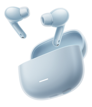 Jasnoniebieskie słuchawki bezprzewodowe i etui ładujące, na białym tle.