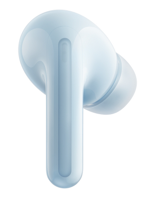 Zbliżenie jasnoniebieskiej słuchawki. Słuchawka ma błyszczące wykończenie i zaokrąglony kształt.