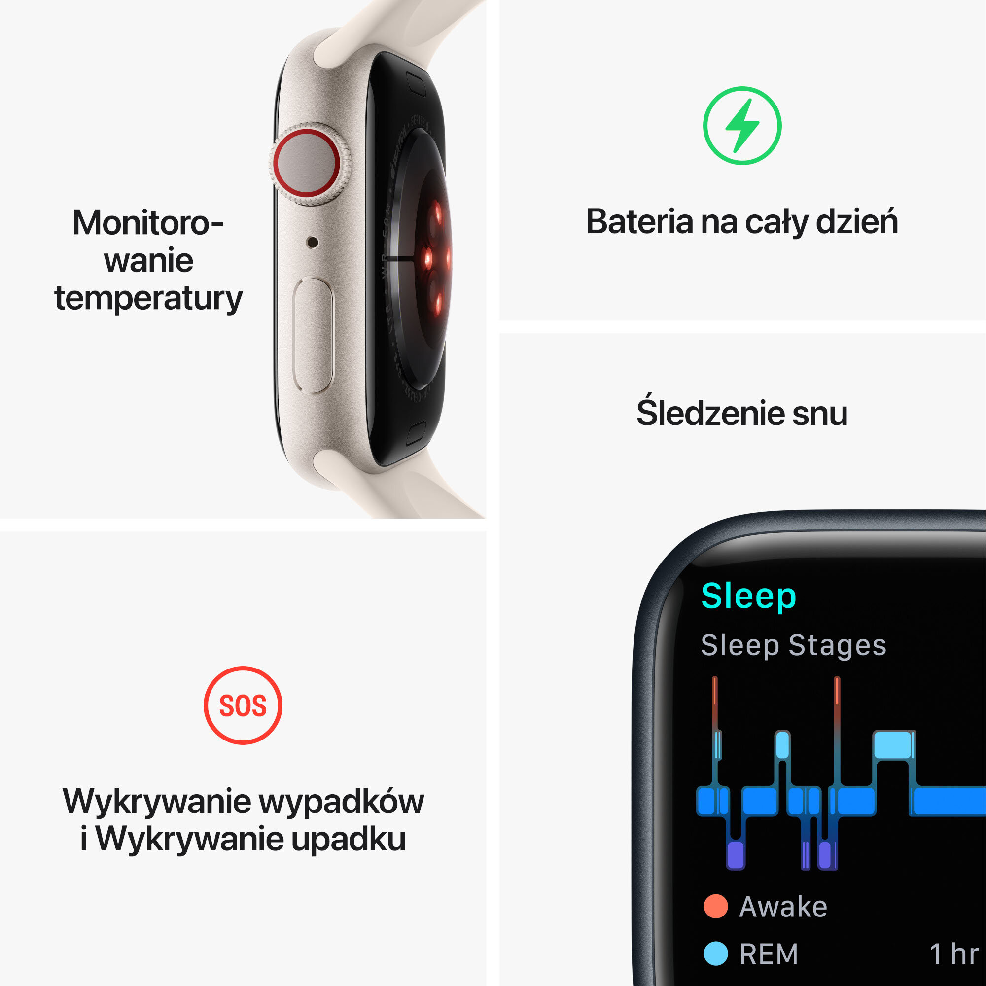 Apple Watch wyświetla funkcje zdrowotne: monitorowanie temperatury, bateria na cały dzień, śledzenie snu i wykrywanie upadków. Wykres faz snu.