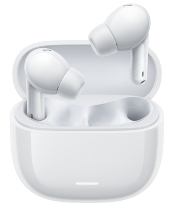 Białe bezprzewodowe słuchawki douszne w etui ładującym. Etui jest otwarte, a słuchawki widoczne.