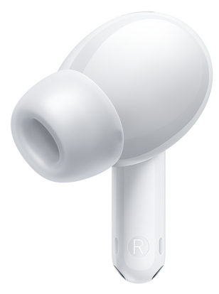 Biała bezprzewodowa słuchawka o zaokrąglonym kształcie, skierowana w prawo.