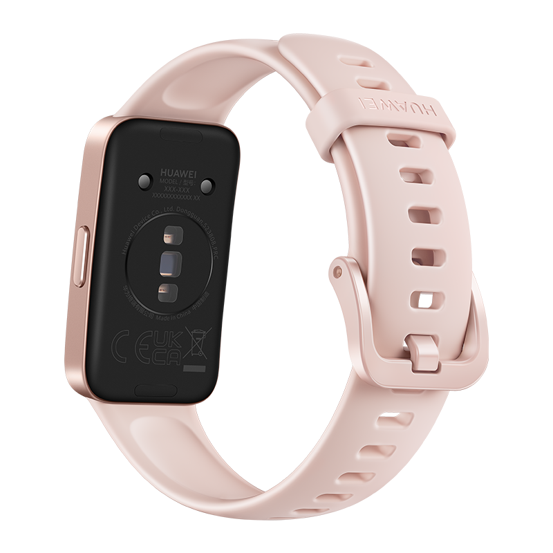 Różowy smartwatch, widok z tyłu pokazujący czujnik, otwarty pasek.