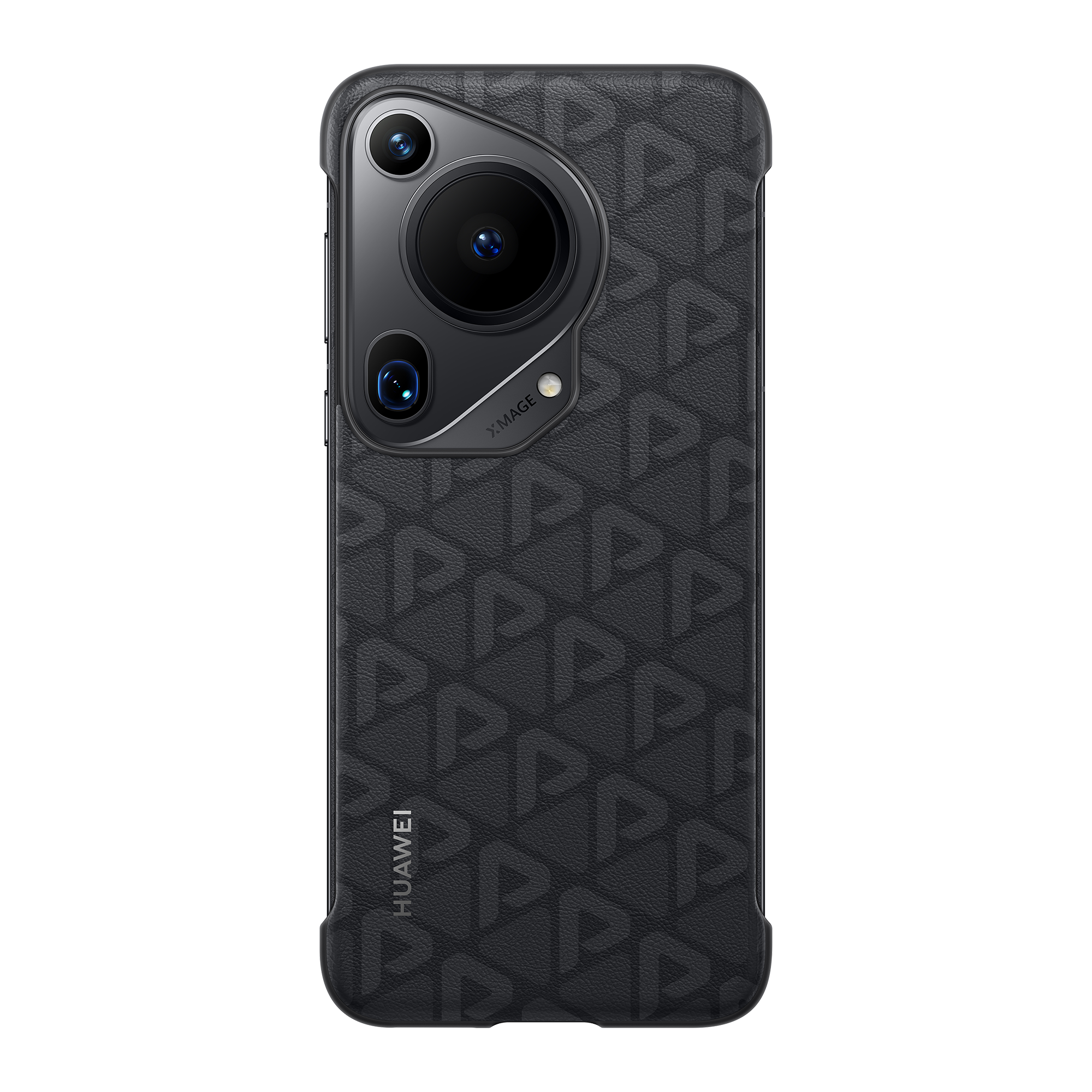 Huawei logosu ve kamera lensleri bulunan, dokulu desenli siyah telefon kılıfı.