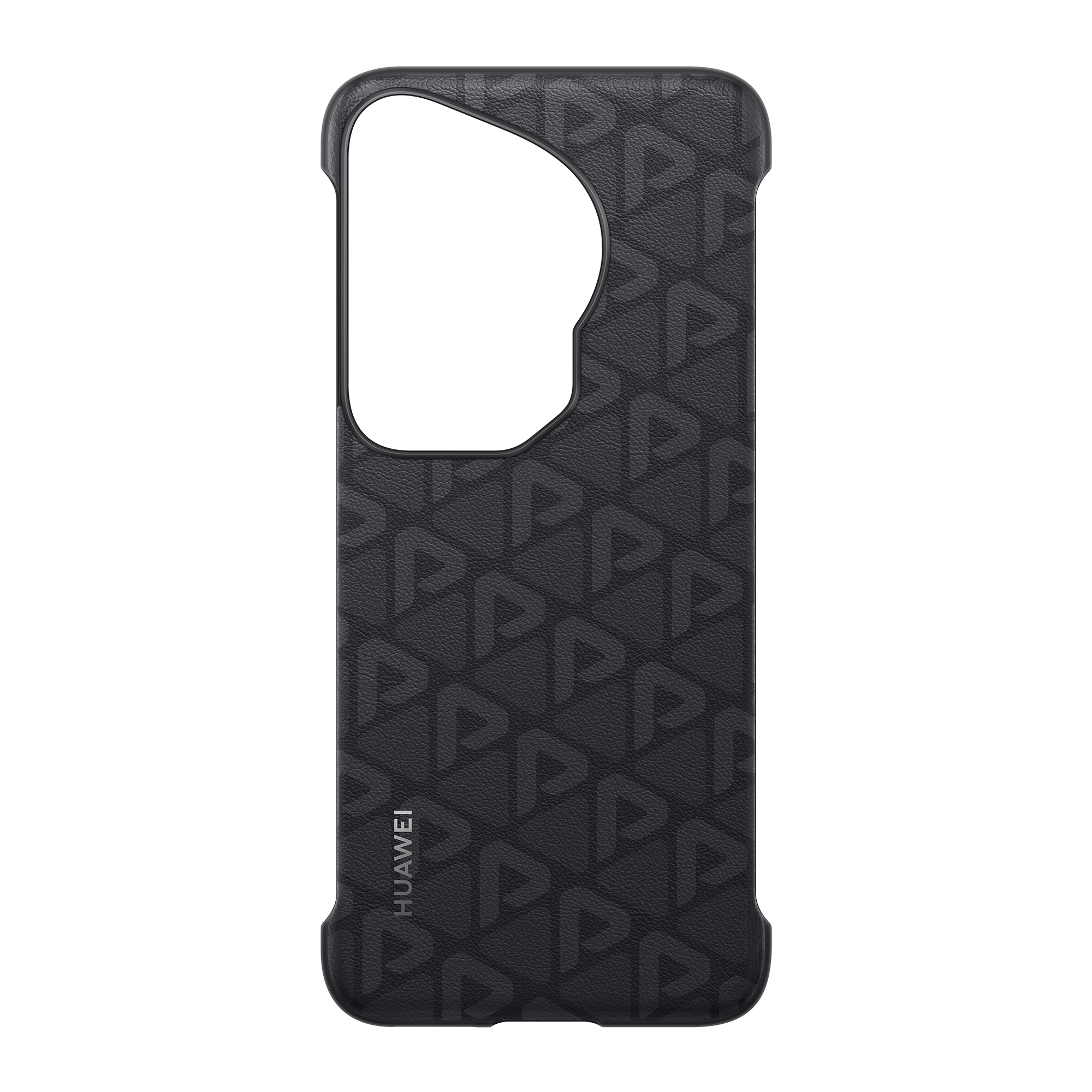 Geometrik desenli ve Huawei logolu siyah telefon kılıfı.