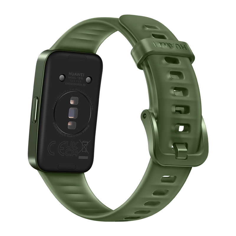 Zielony smartwatch, widok z tyłu, na czarnym tle. Tekst: HUAWEI, Made in China, itp.
