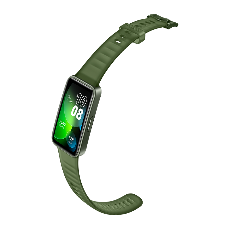 Zielony smartwatch z zielonym paskiem, wyświetlający czas i statystyki, na czarnym tle.