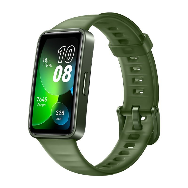 Zielony smartwatch wyświetlający czas, kroki i kalorie, z zielonym paskiem na czarnym tle.