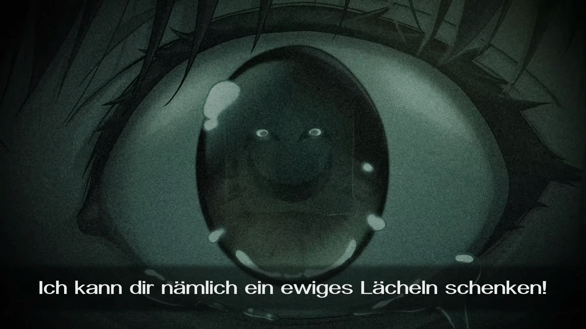 Nahaufnahme eines Auges mit einem Smiley-Gesicht. Dunkle, stimmungsvolle Ästhetik.