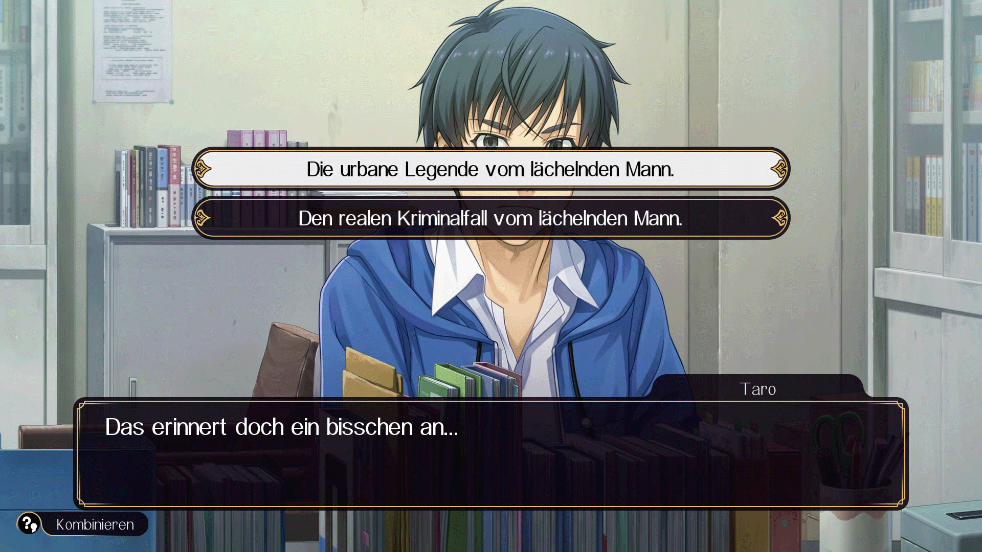 Anime-Charakter in einer Bibliothek, Text auf dem Bildschirm.