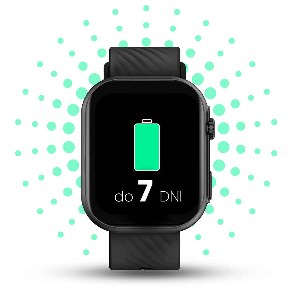 Smartwatch wyświetlający zieloną ikonę baterii i tekst 'do 7 DNI' na białym tle.