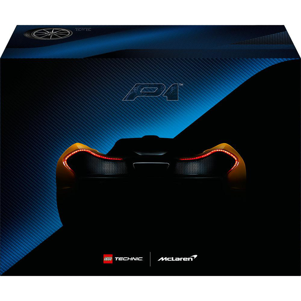 Schwarze Box mit Autosilhouette hinten, Lego Technic und McLaren Logos und P1 Logo.
