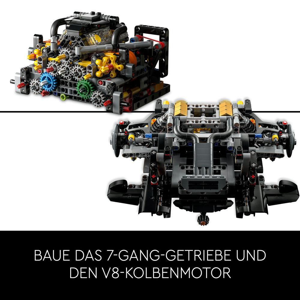 Lego Technic V8-Motor und 7-Gang-Getriebe, montiert. Schwarze und gelbe Teile.