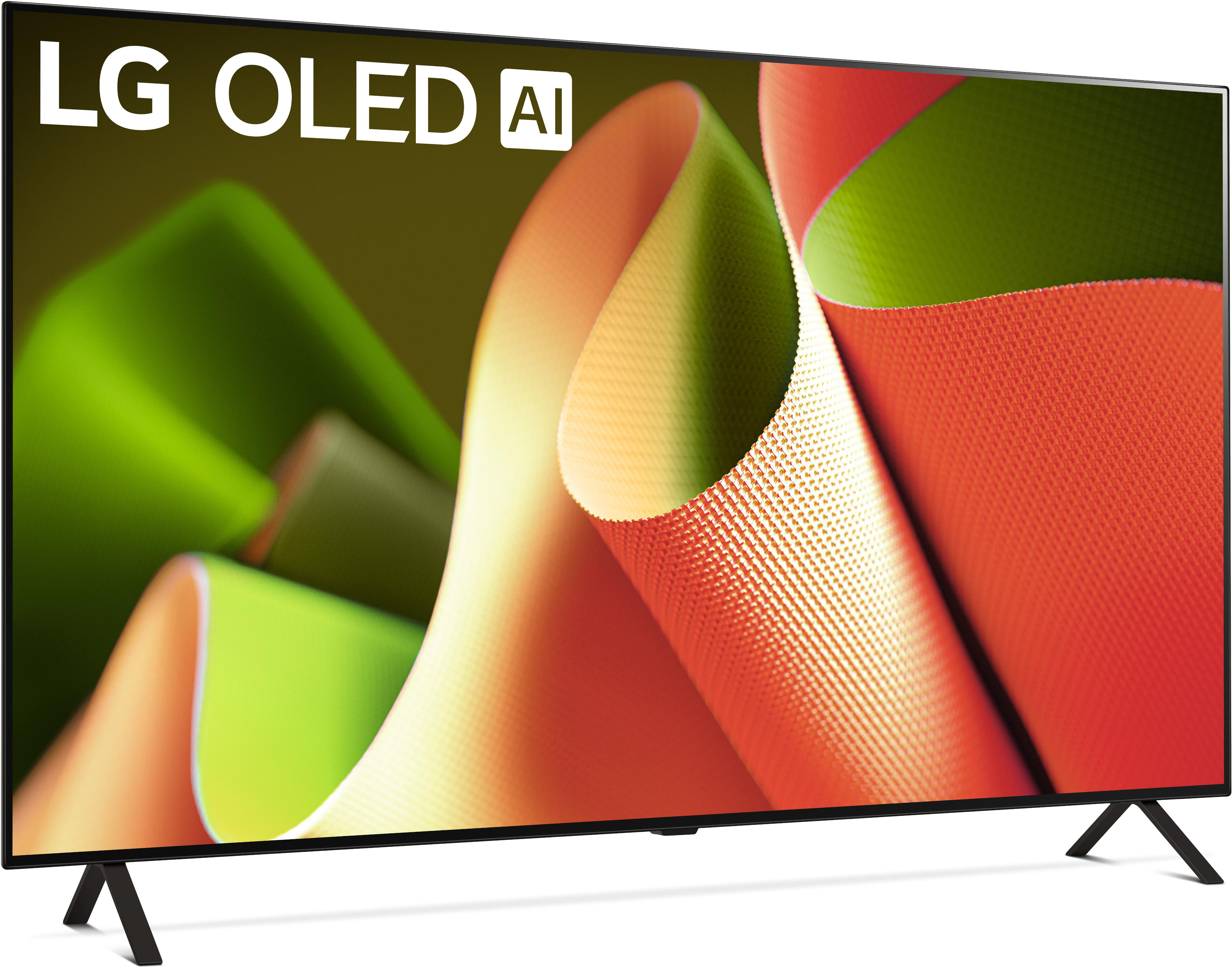 Ein LG OLED TV mit modernem Design, das ein farbenfrohes, abstraktes Bild vor weißem Hintergrund zeigt.
