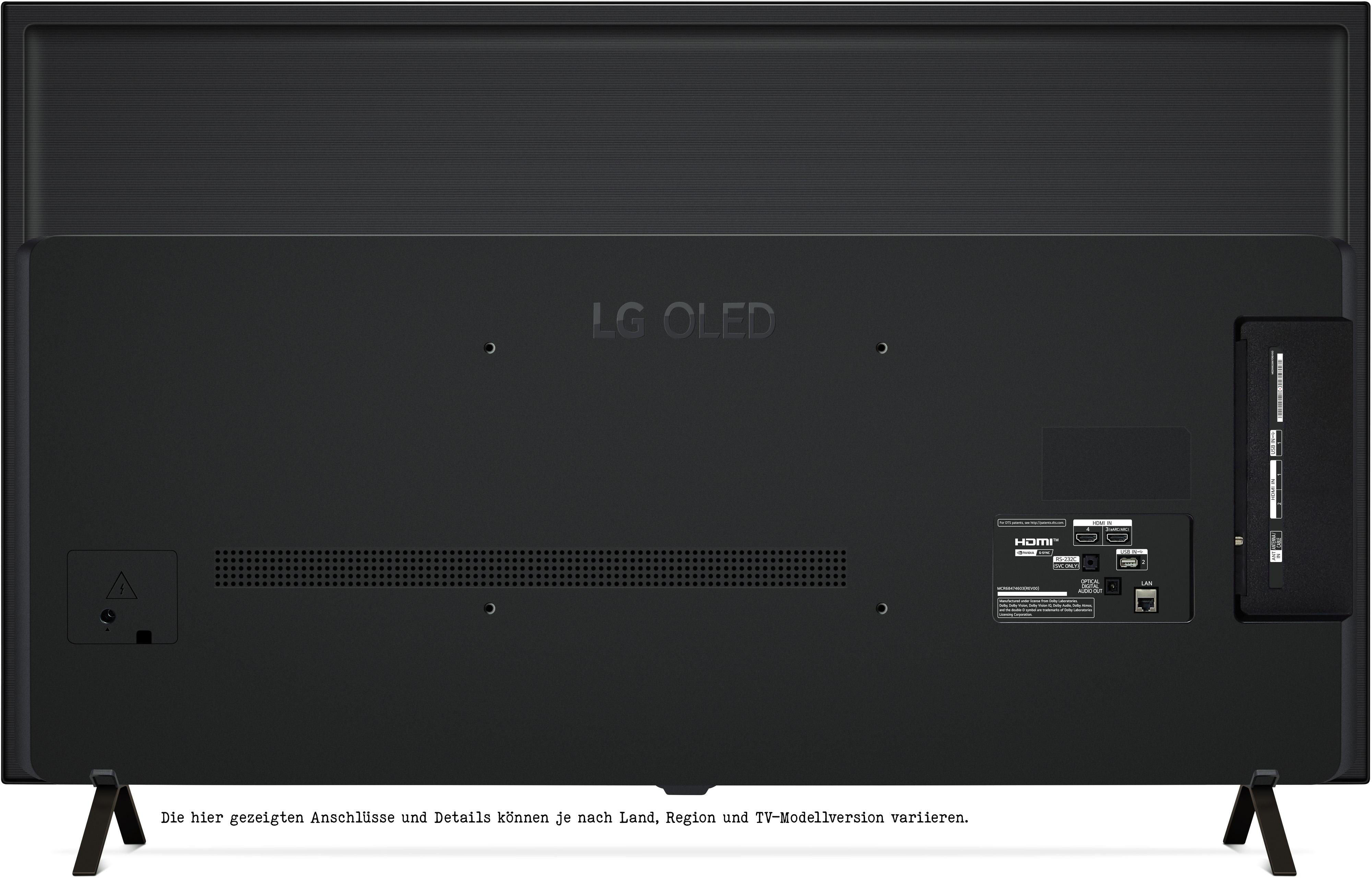 Rückseite eines schwarzen LG OLED-Fernsehers mit Anschlüssen und Ständer.