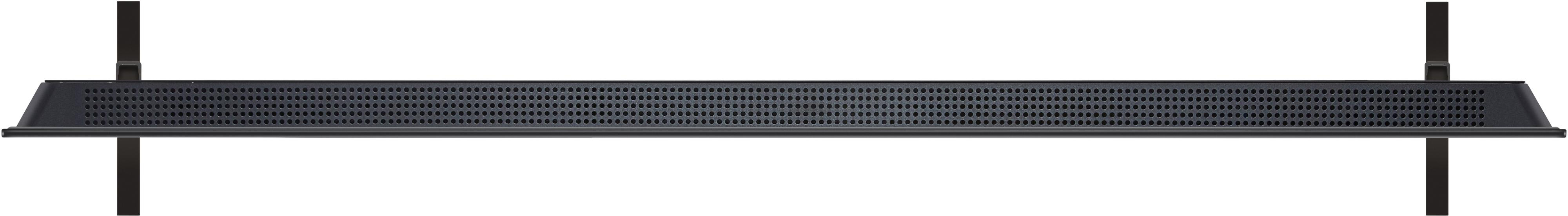 Draufsicht auf eine schwarze Soundbar mit Löchern.