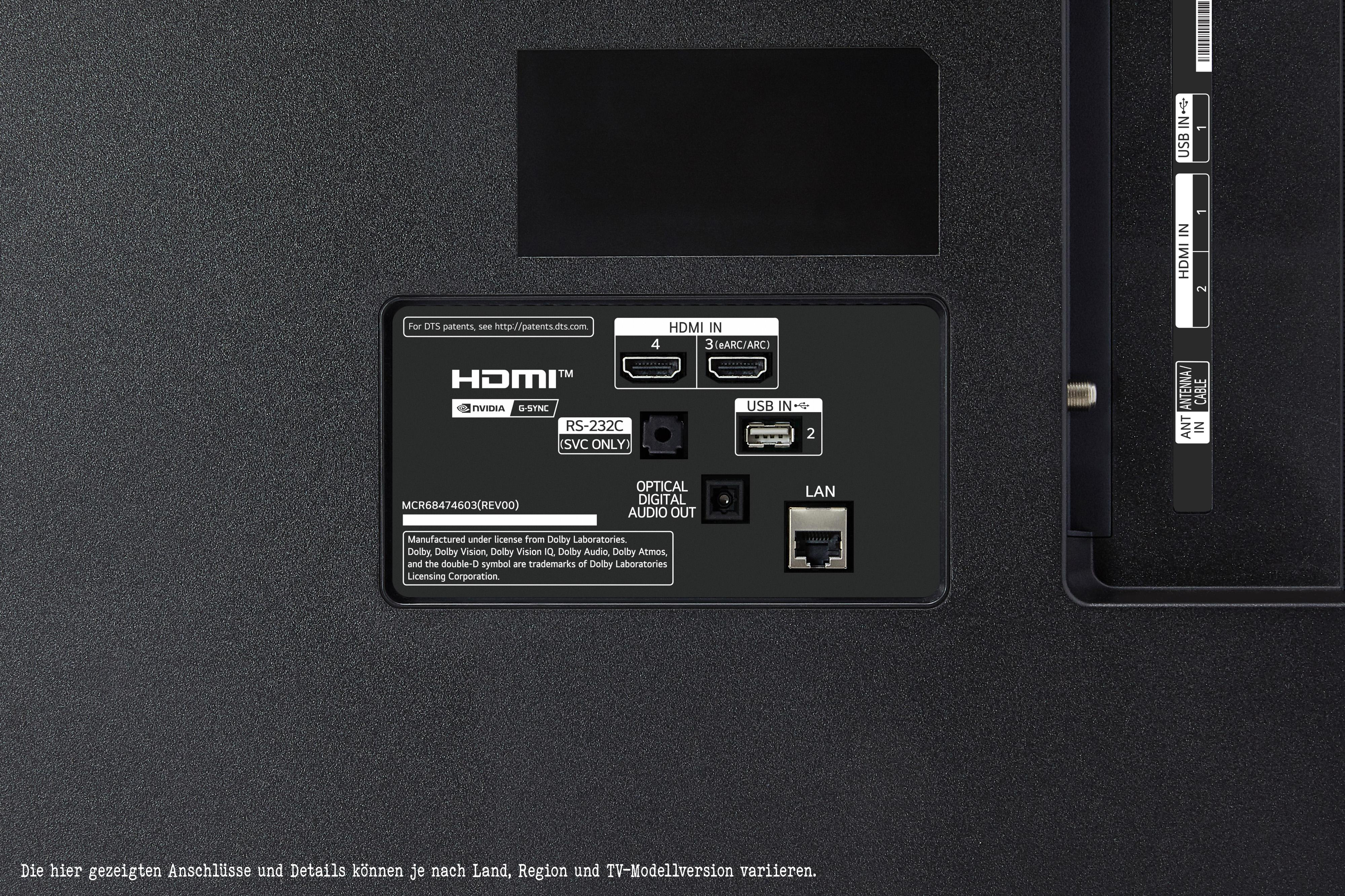 Schwarze TV-Rückseite mit Anschlüssen, darunter HDMI, USB und LAN, auf dunkler Oberfläche.