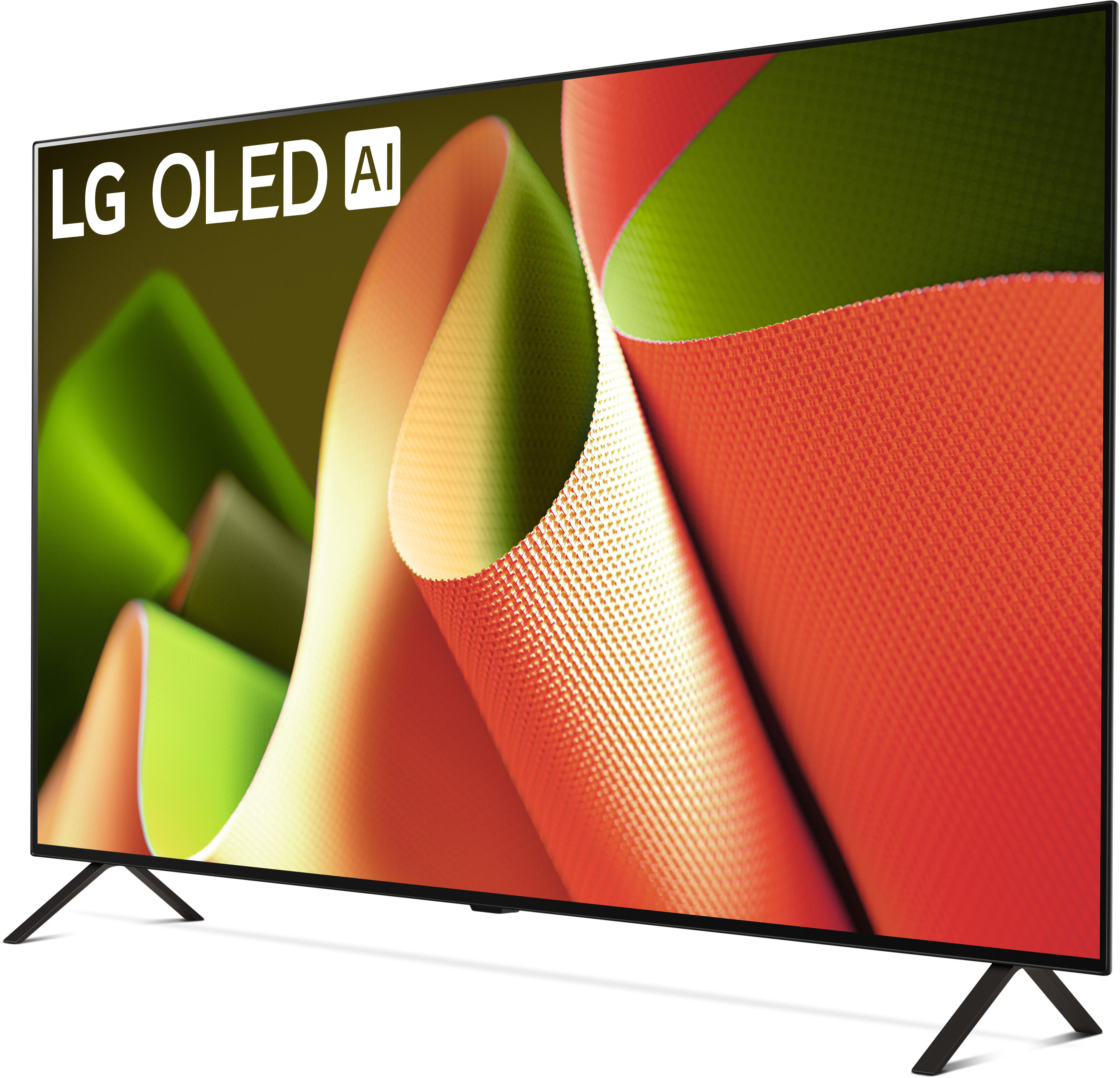LG OLED AI TV, schräge Ansicht. Schwarzer Rahmen. Anzeige zeigt farbenfrohes abstraktes Bild.