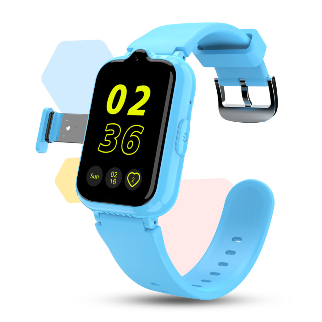 Niebieski smartwatch pokazujący zegar cyfrowy, z niebieskim paskiem. Różowe i żółte kształty.