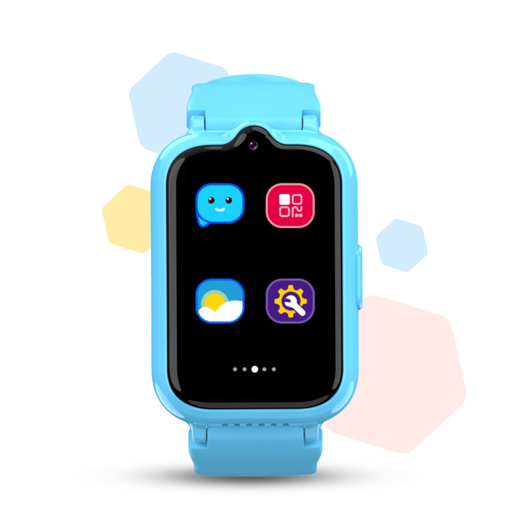 Niebieski smartwatch z ekranem dotykowym wyświetla ikony wiadomości, pogody i ustawień oraz uśmiechniętą buzię.