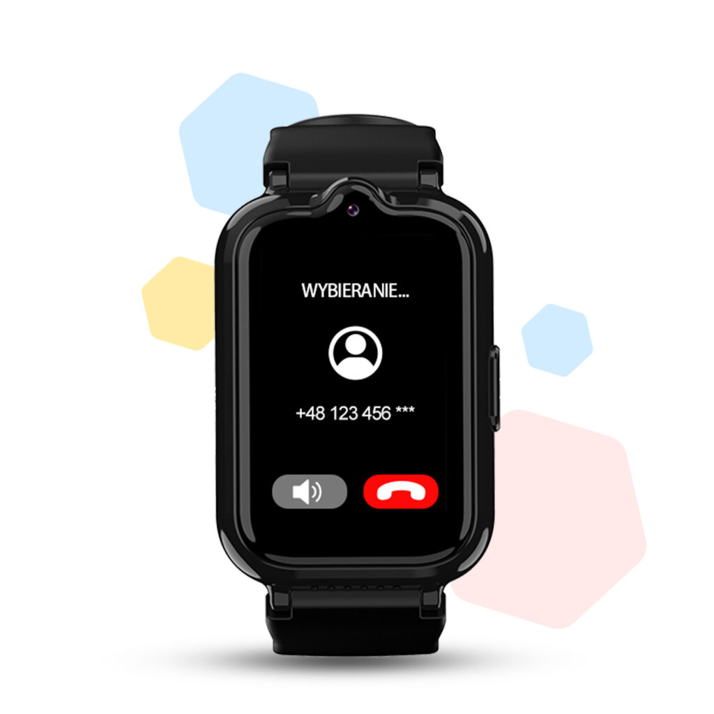 Czarny smartwatch wyświetlający ekran połączenia z kontaktem i numerem telefonu.
