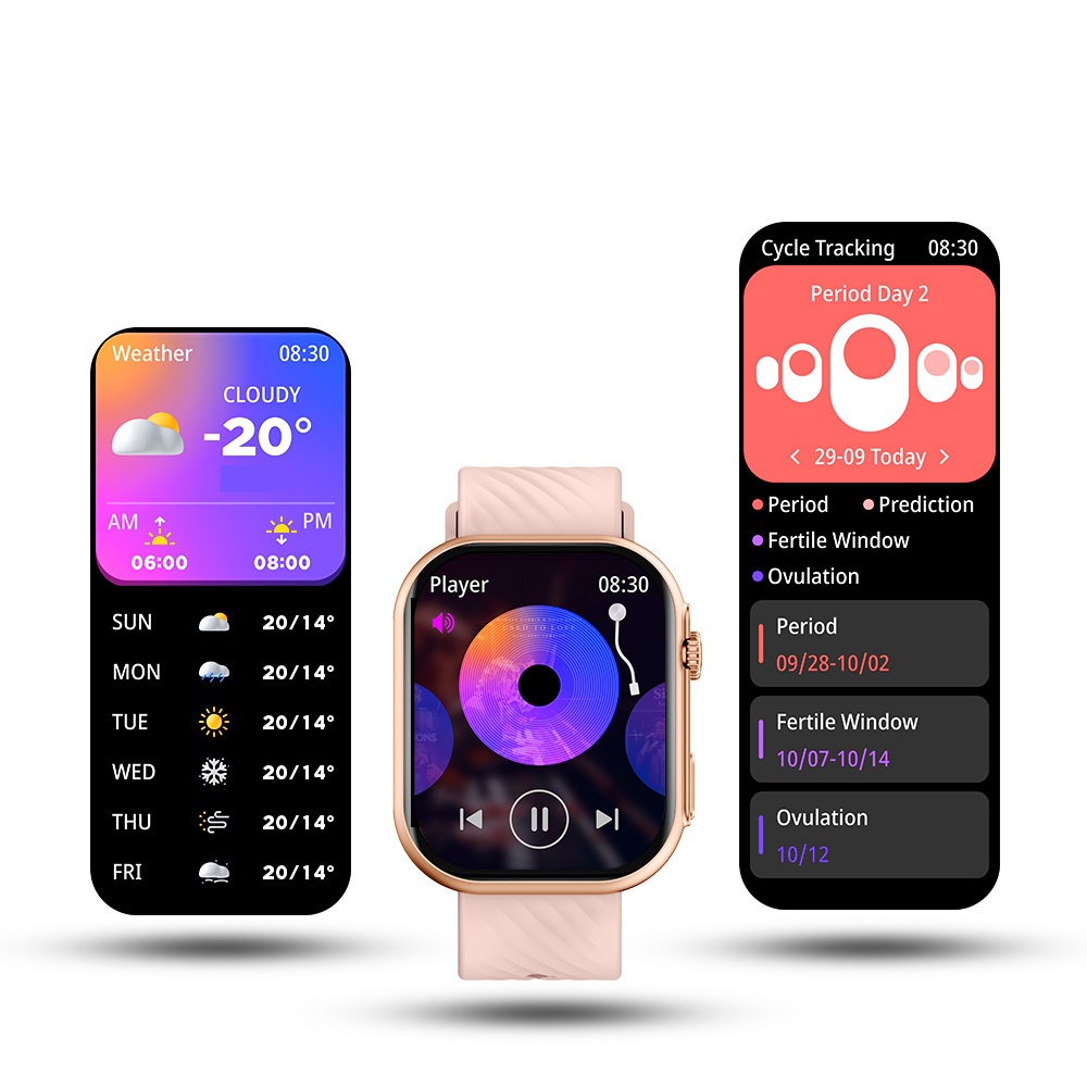 Smartwatch pokazujący czas, pogodę i dane zdrowotne, wiele ekranów, różowy pasek.