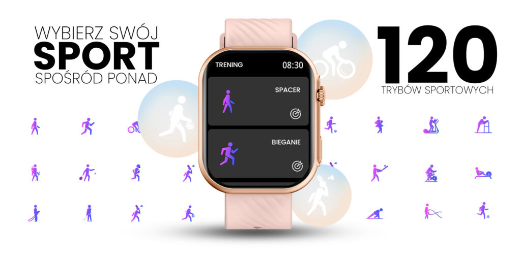 Smartwatch z różowym paskiem wyświetla tryby sportowe, otoczony powiązanymi ikonami.
