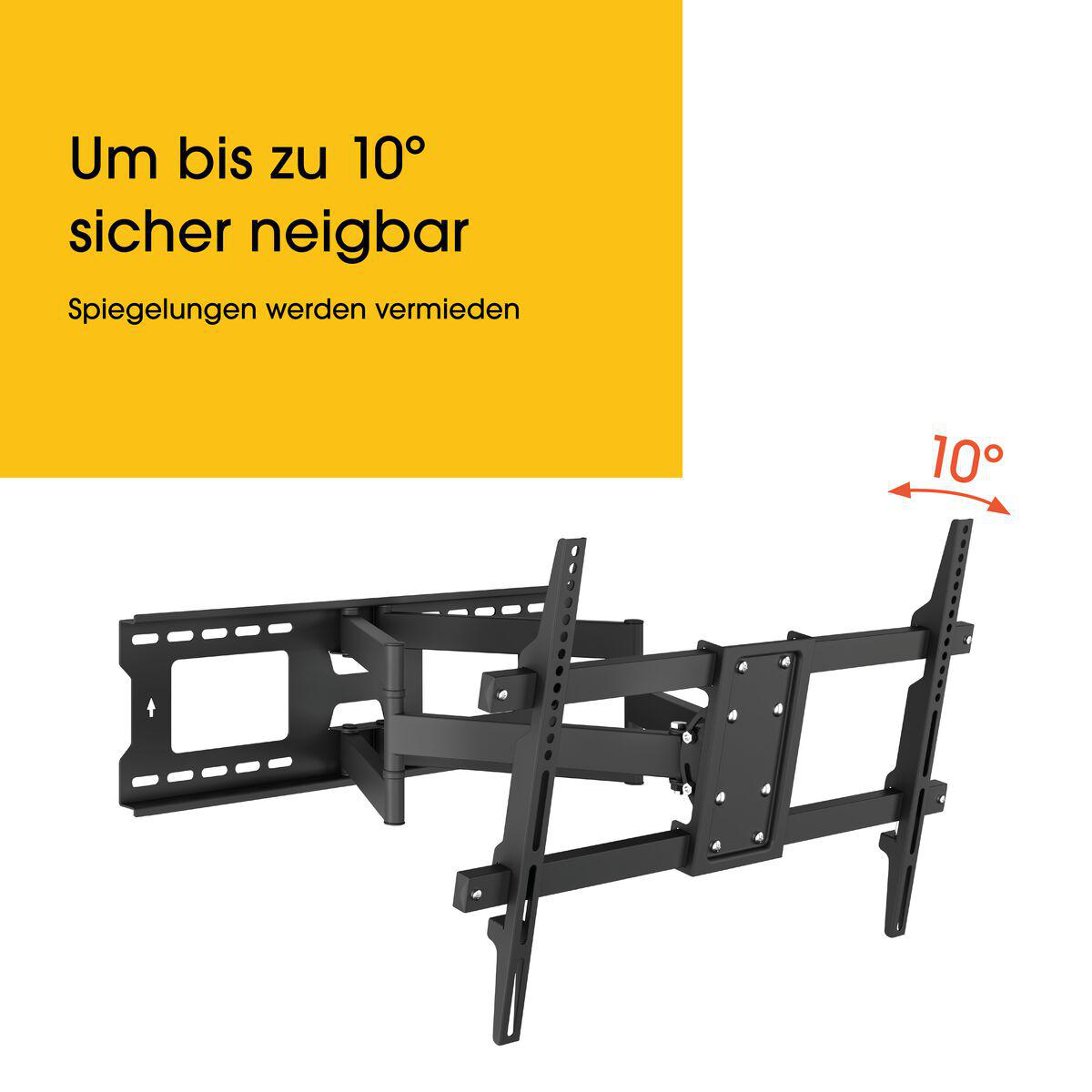 Eine schwarze TV-Halterung mit Text und einem 10-Grad-Winkelanzeiger.