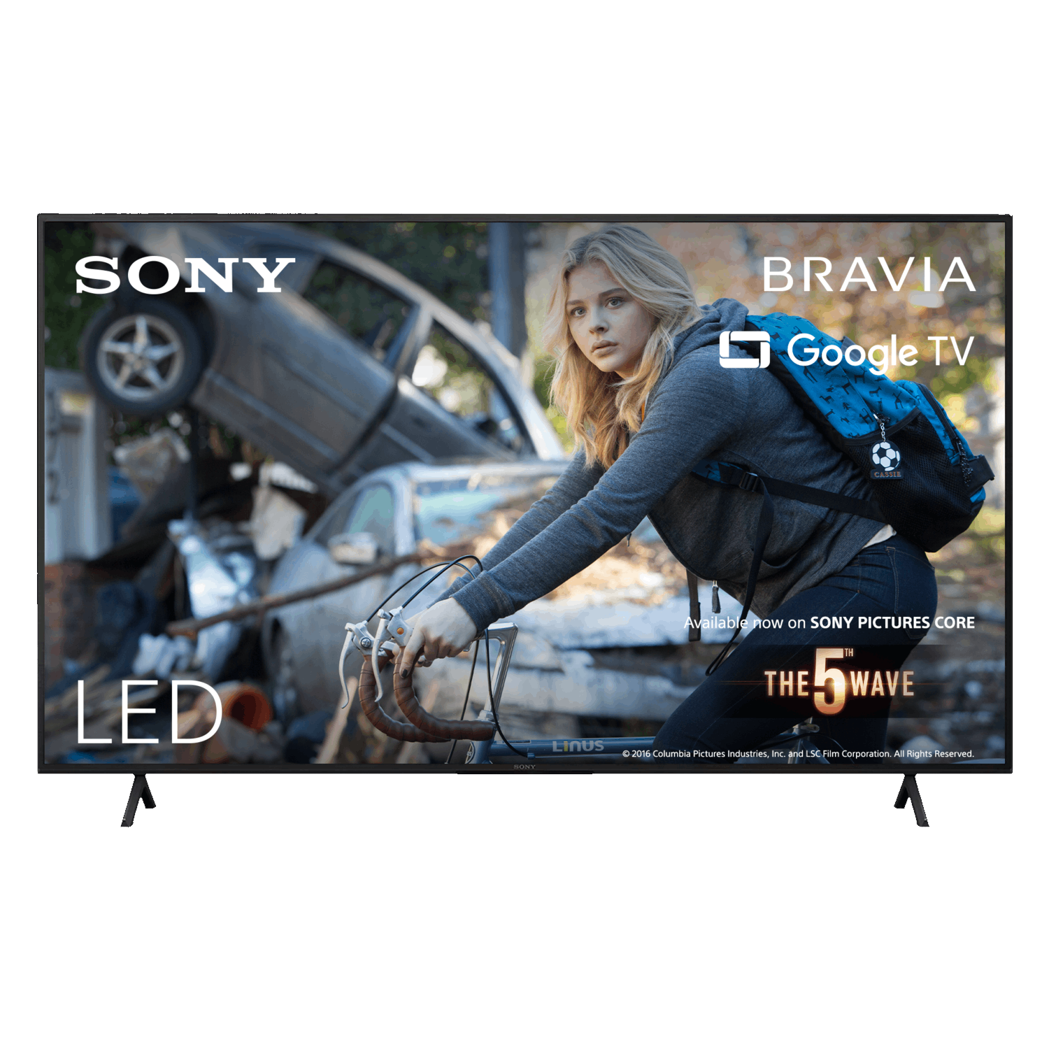 Een Sony TV toont een filmscène met een vrouw op een fiets. Logo's van Sony, Bravia, Google TV zijn zichtbaar.