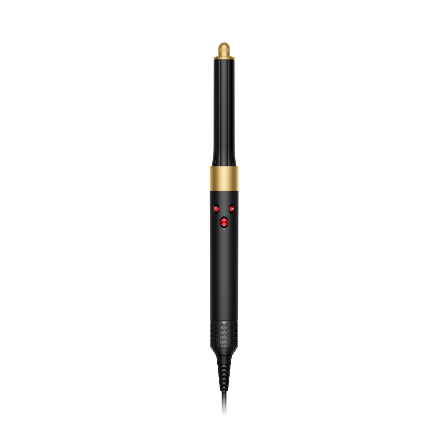Un fer à friser noir avec des accents dorés, des boutons rouges et un cordon noir.