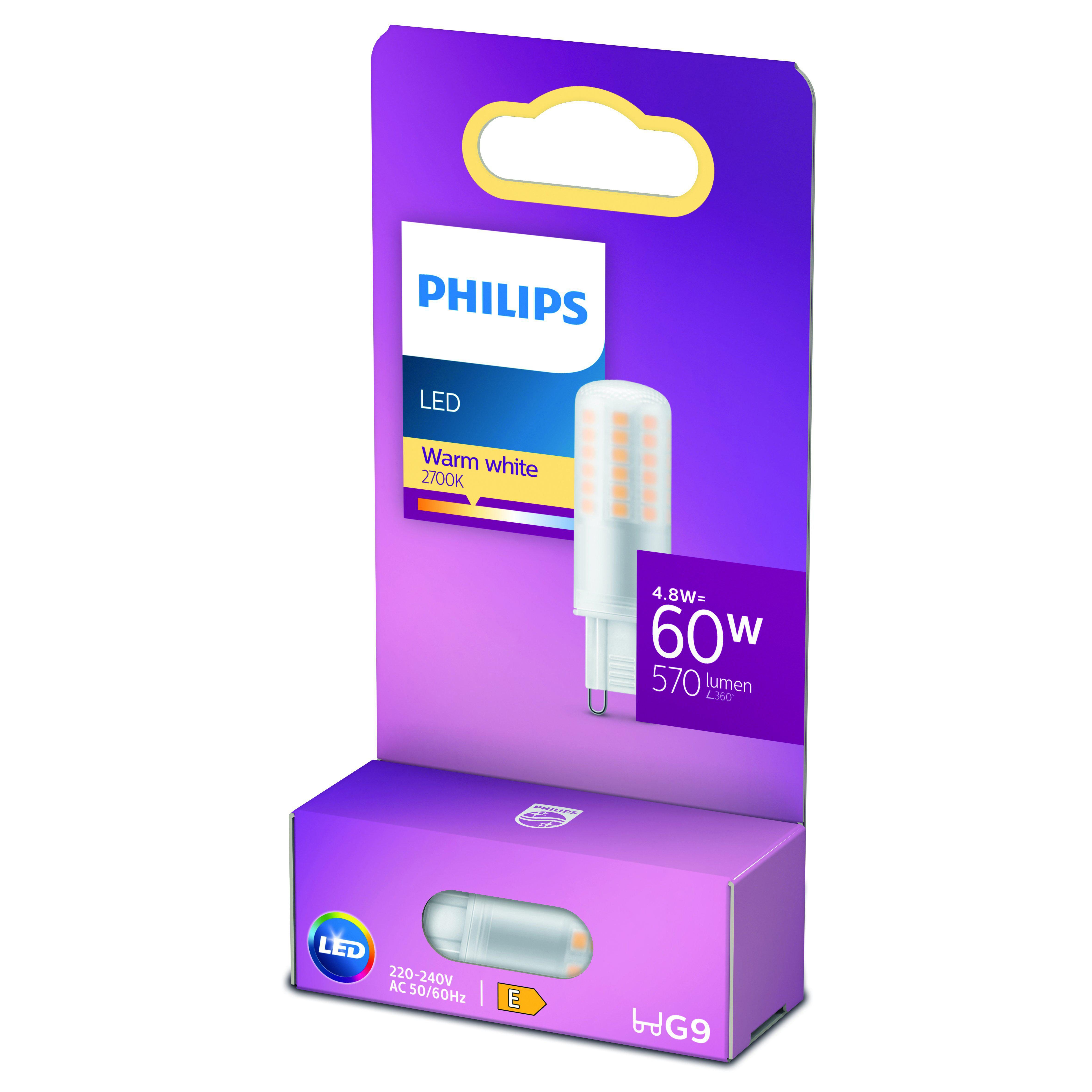 Philips LED-Leuchtmittelverpackung. Eingepackte Glühbirne mit Spezifikationen. Weißer Hintergrund.