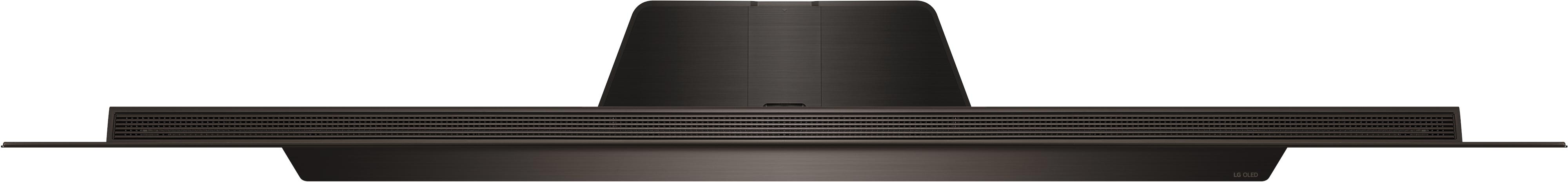 Ein schwarzer OLED-Fernseher, von vorne gesehen, mit dunklem, schlankem Design und markantem Sockel.